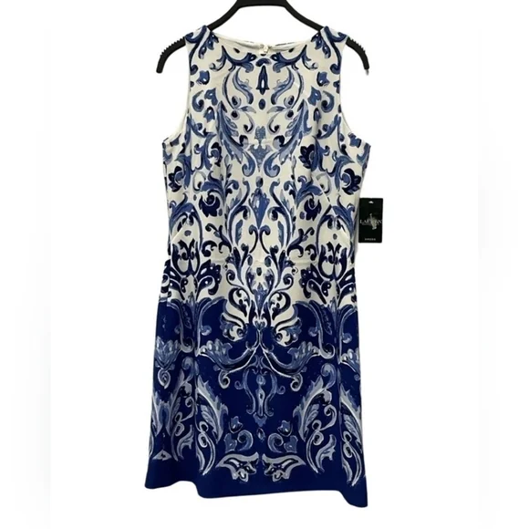 SIZE 10 | LAUREN | By Ralph Lauren | Women’s Printed Blue | Crew Neck Dress - Picture 2 of 2